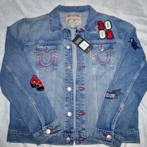 True Religion Blue Denim Jacket with Embroidered Patches